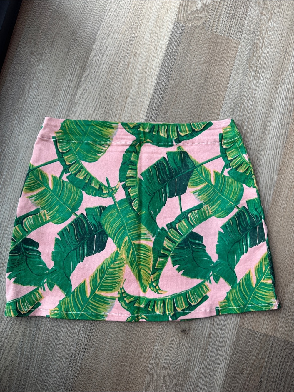 Judith March Pink Mini Skirt with Green Tropical Leaf Print
